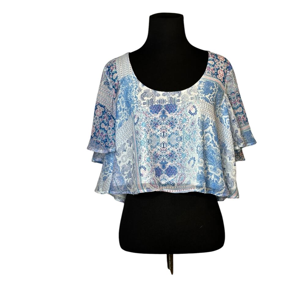 Show me your Mumú white blue print cropped blouse size XS